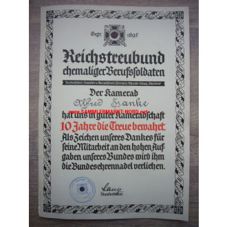 Reichstreuebund ehemaliger Berufssoldaten - Federal badge of honour for 10 years - award certificate