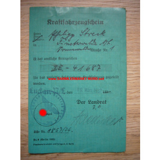 Motor vehicle licence for DKW motorbike - Luckau 1937