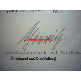 EK Urkunde - 291. Infanterie Division - Generalleutnant WERNER GOERITZ - Autograph
