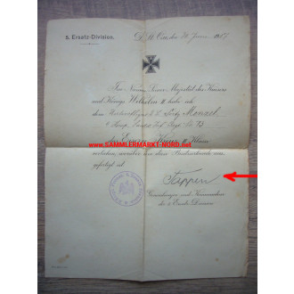 Iron Cross Certificate - Major General GERHARD TAPPEN (Pour le Merite) - 5. Reserve Division