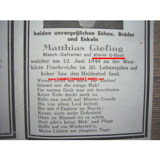 Death sheet Kriegsmarine - Sailor Matthias Giefing - Submarine U 993