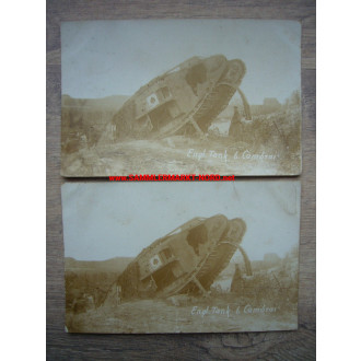 2 x Foto 1918 bei Cambrai (Frankreich) - zerstörter britischer Panzer mit Abzeichen