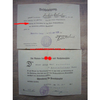 Urkunde & Antrag Ehrenkreuz für Frontkämpfer - Landrat JOHANNES DUNTZE (NSDAP) - Autograph