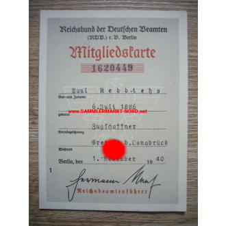 Reichsbund der Deutschen Beamten - Mitgliedskarte 1940