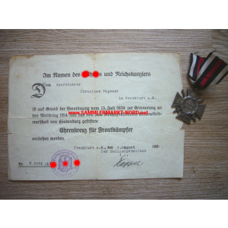 Ehrenkreuz für Frontkämpfer 1914-18 & Urkunde Frankfurt Main