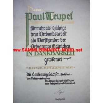Honour document - realm federation of German war-damaged (1932)