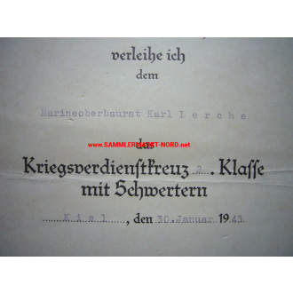 Kriegsmarine - Award certificate to the War Merit Cross 2nd Clas