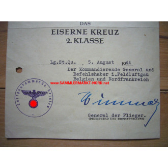 Award certificate for the Iron Cross 2nd class - Luftgaukommando