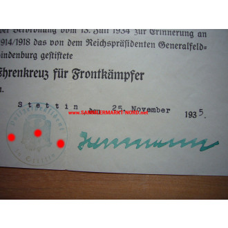 Verleihungsurkunde zum Ehrenkreuz für Frontkämpfer - Autograph v