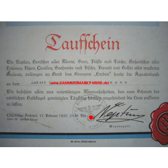 Kriegsmarine Äquartortaufschein - Kreuzer EMDEN - 1937