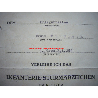 Verleihungsurkunde zum Infanterie Sturmabzeichen in Silber - Gre