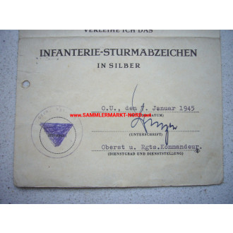 Award certificate for the Infantry Assault Badge in Silver - Gre