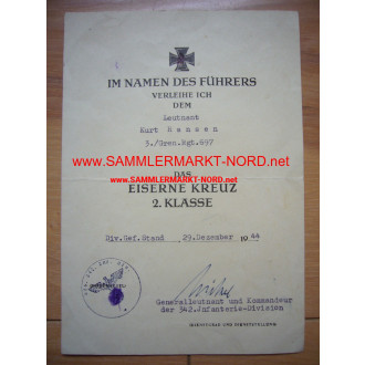 Award document to the Iron Cross 2nd Class - 3. / Grenadier Regi
