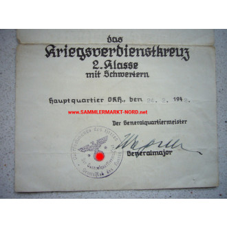 Verleihungsurkunde zum Kriegsverdienstkreuz 2. Klasse - Autograp