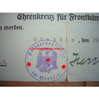 Verleihungsurkunde zum Ehrenkreuz für Frontkämpfer - Autograph v