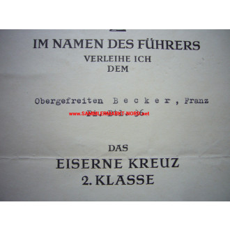 Verleihungsurkunde zum Eisernen Kreuzn 2. Klasse - Pionier Batl.