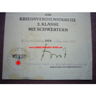 Verleihungsurkunde zum Kriegsverdienstkreuz 2. Klasse mit Schwer