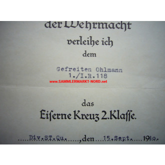 Verleihungsurkunde zum Eisernen Kreuz 2. Klasse - Autograph von 