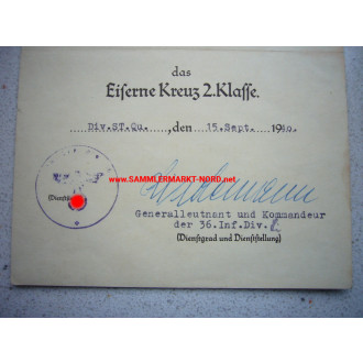 Verleihungsurkunde zum Eisernen Kreuz 2. Klasse - Autograph von 