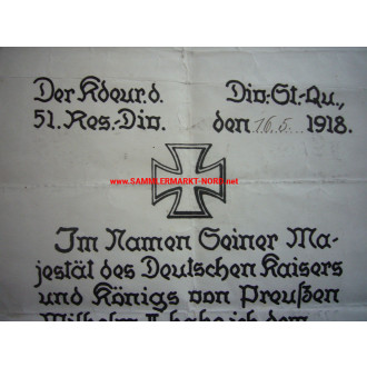 Verleihungsurkunde zum Eisernen Kreuz 2. Klasse - 51. Reserve Di