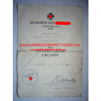 Award document for the Iron Cross 2nd Class - 8./ Grenadier Regi