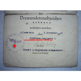Award certificate for the wound badge in Schwarz - 14./ Schützen