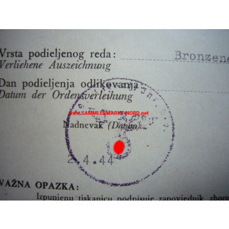 Verleihungsvorschlag zur Bronzenen Zvonimirmedaille mit Eichenla