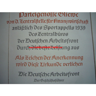 DAF - Große Anerkennungsurkunde zum Sportappell Berlin 1939 - Au
