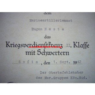 Urkunde zum Kriegsverdienstkreuz - Autograph Admiral KARLGEORG S