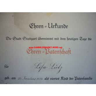 Urkunde - Stuttgart - Ehren-Patenschaft für ein Kind - 1935