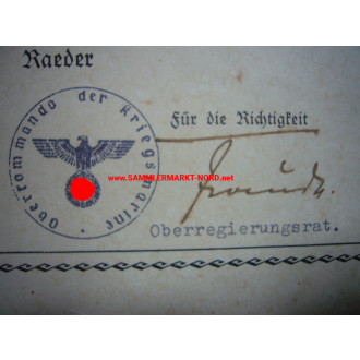 Kriegsmarine - Verleihungsurkunde zur Dienstauszeichnung 3.-4. K