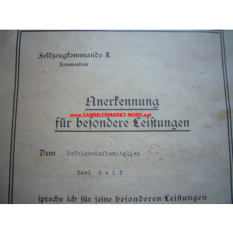 Anerkennungsurkunde des Feldzeugkommando X (Hamburg)