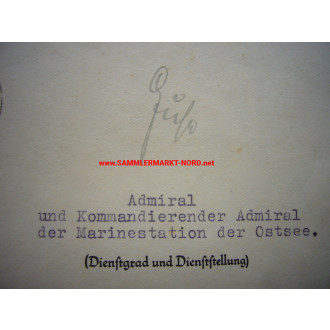 Kriegsmarine KVK Urkunde - Admiral GÜNTHER GUSE - Autograph