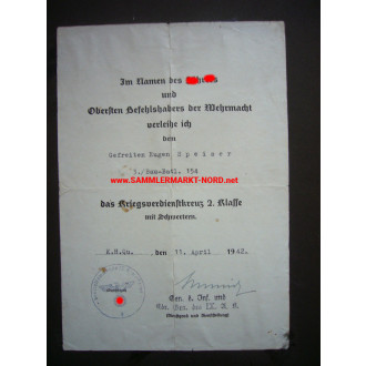 KVK Certificate - General of the Infantry HANS SCHMIDT (IX Army 