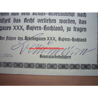 RAD Award Certificate - Badge Arbeitsgau XXX Bayern-Hochland
