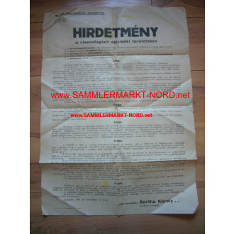 Ungarn 1941 (Honved) - Großes Plakat "Hirdetmeny"