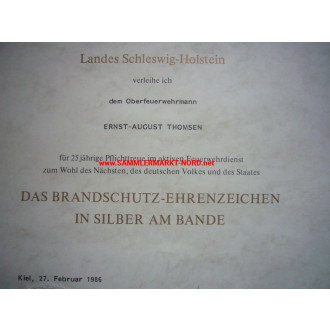 Schleswig-Holstein - Brandschutz Ehrenzeichen Silber mit Urkunde