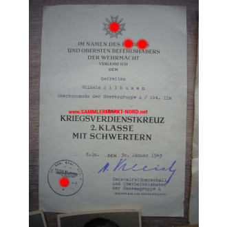 Urkunde Kriegsverdienstkreuz - Oberkommando Heeresgruppe A