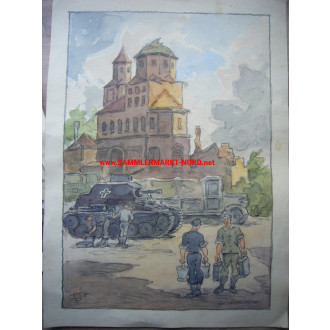 Wehrmacht Armored Troops - 2 x PK ink drawing (P. Trost)