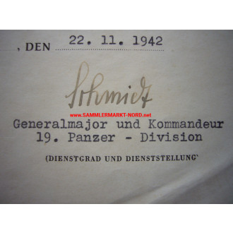 KVK Urkunde - Generakmajor GUSTAV SCHMIDT (19. Pz. Div.) - Autog