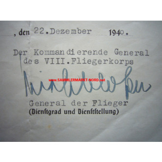 Luftwaffe KVK Urkunde - General WOLFRAM VON RICHTHOFEN - Autogra