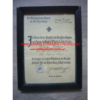 Iron Cross Certificate - General FREIHERR VON HÜGEL (Pour le Mer