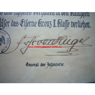EK II Urkunde - General FREIHERR VON HÜGEL (Pour le Merite) - Au