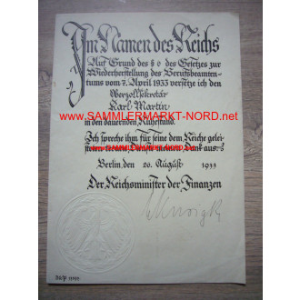 Reichsfinanzminister SCHWERIN VON KROSIGK - Autograph