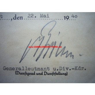 EK Urkunde - Generalleutnant KURT VON BRIESEN - Autograph