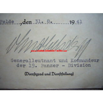 EK Urkunde 19.P.D. - Generalleutnant OTTO VON KNOBELSDORFF - Aut