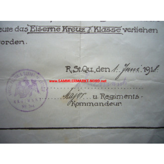 Urkunde Eisernes Kreuz - 4. Hannoversche IR Nr. 164
