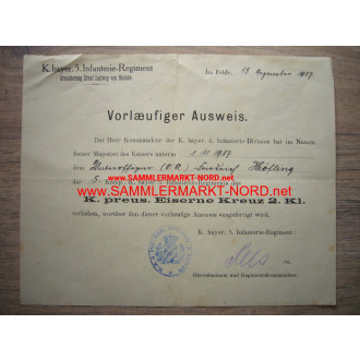 Iron Cross certificate - Bavarian. 5th Infantry Regiment