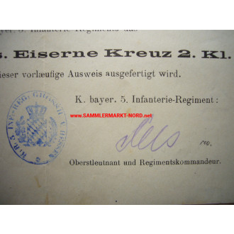 Iron Cross certificate - Bavarian. 5th Infantry Regiment