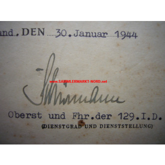 KVK Urkunde 129. I.D. - OBERST SCHIEMANN - Autograph